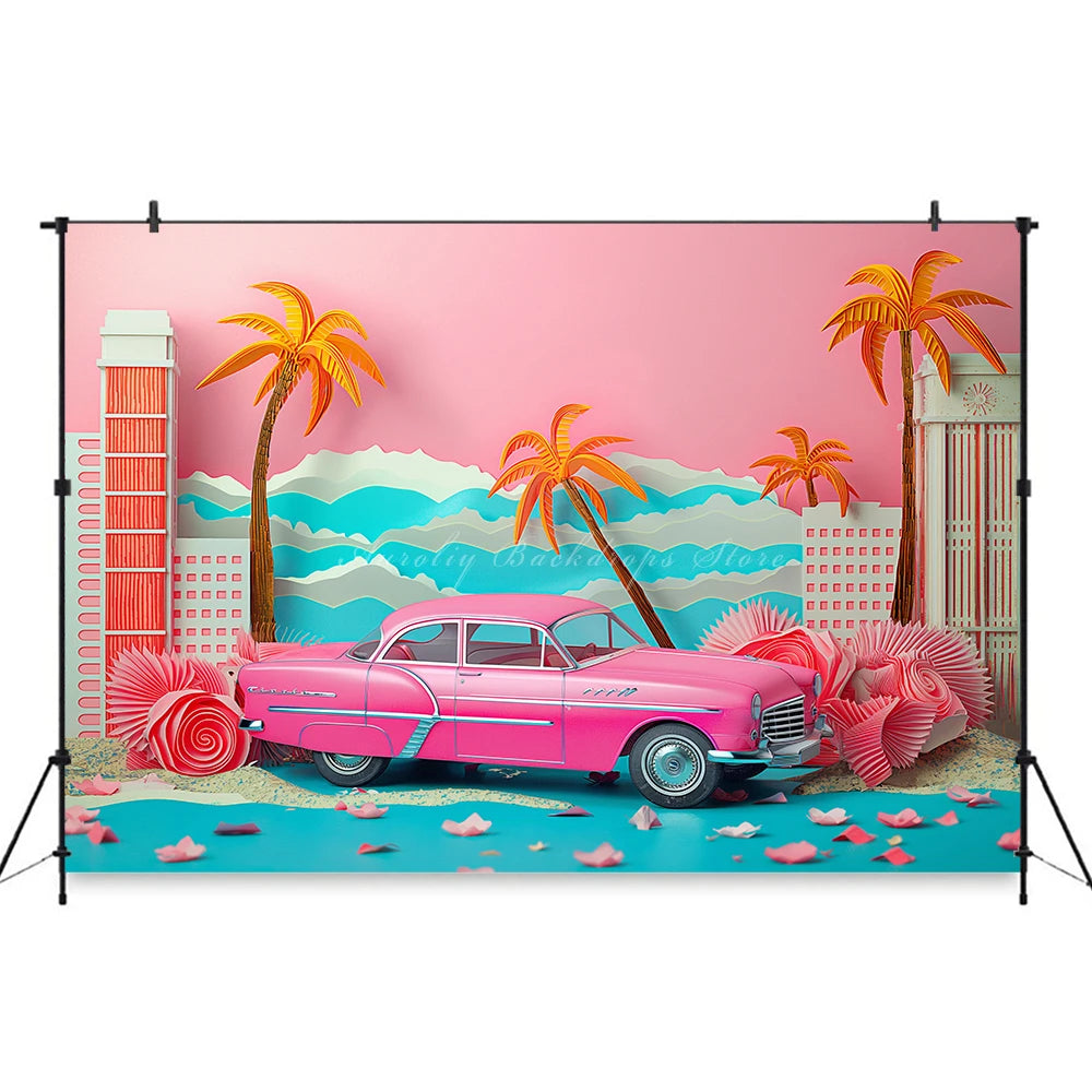 Classic Pink Car Sits on the Beach Photography Backdrop Kids Baby Cake Smash Photocall Decors Summer Plam Tree Studio Background