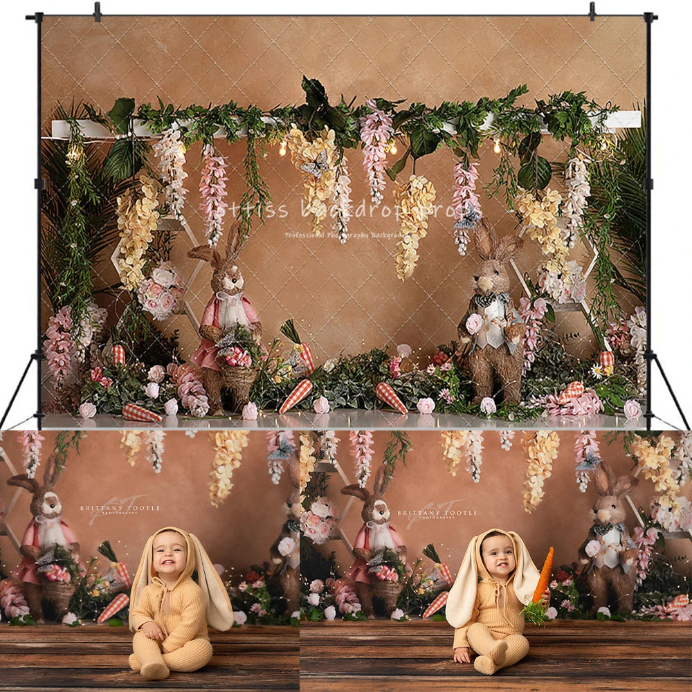 Spring Garden Bunny Backdrops Kids Adult Photography Props Child Baby Photocall Decors Floral Plants Animals Backgrounds