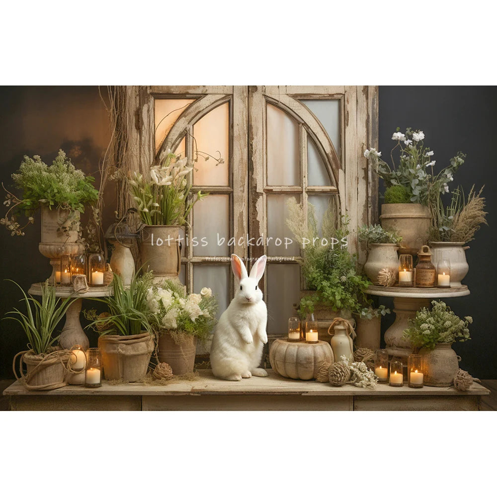 Easter Bunny On Windows With Large Flowers Backdrops Kids Baby Photocall Child Adult Photocall Spring Floral Eggs Backgrounds