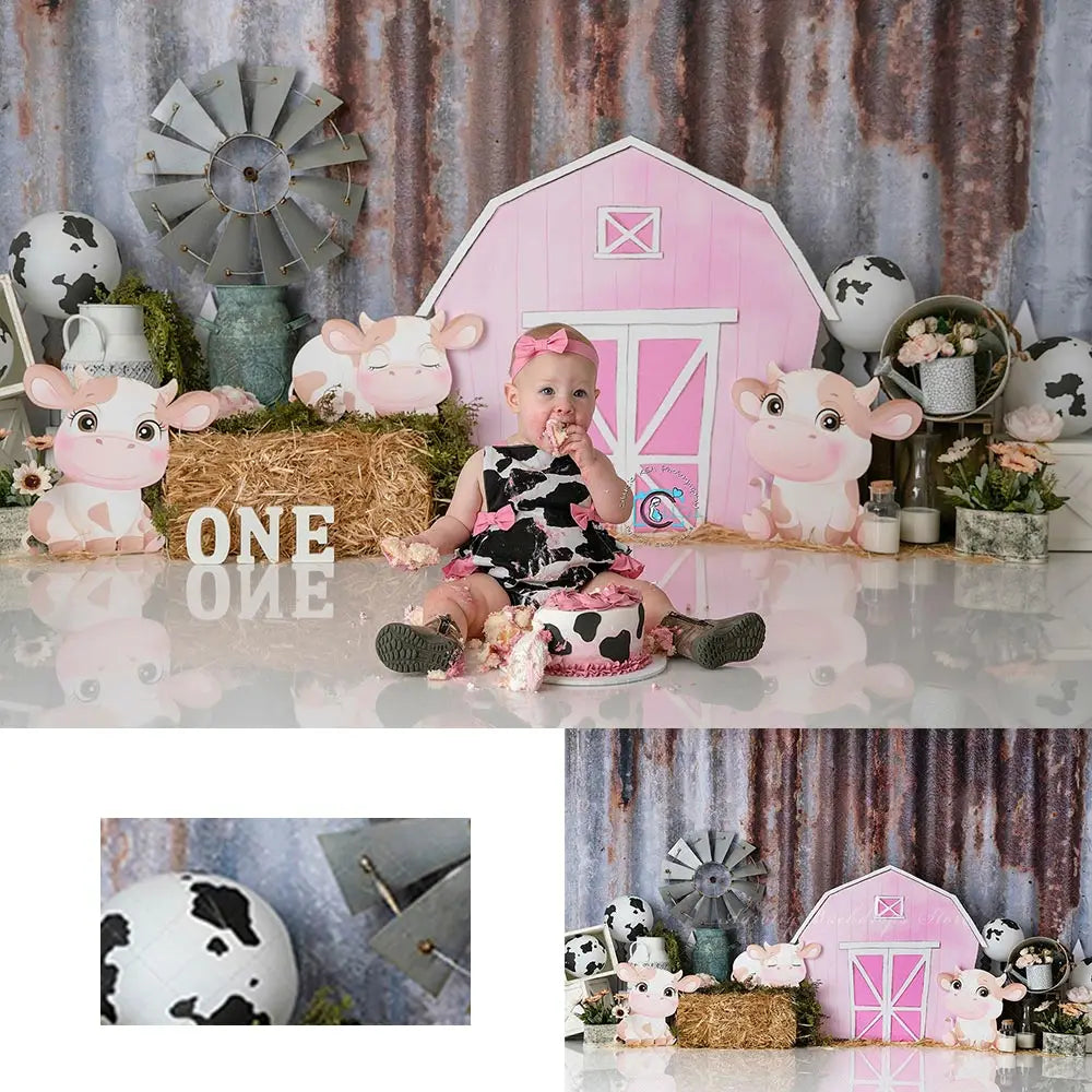 Cow Farm Crazy Photography Backdrop Pink Barn Kids Baby Cake Smash Photography Props Child Girls Adult Birthday Backgrounds