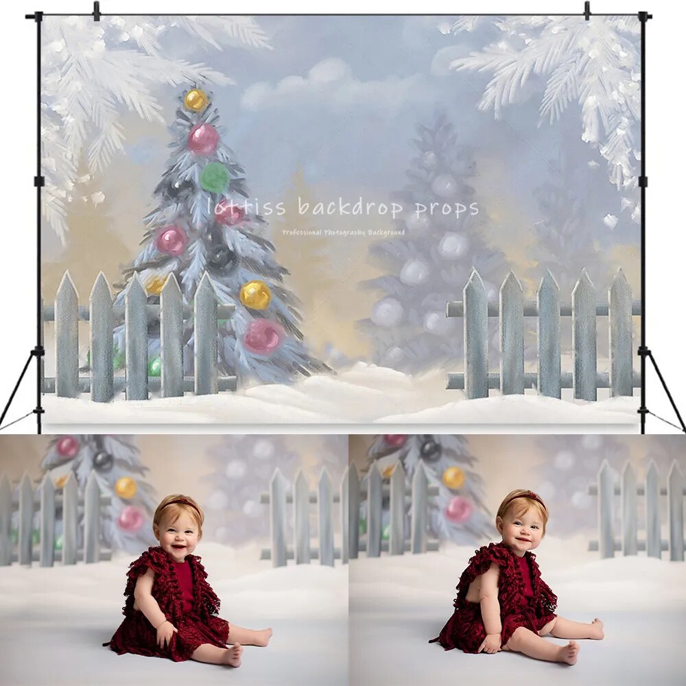 Arrière-plan d'arbres de noël enneigés d'hiver, pour séance photo d'enfants, Portrait de bébé, photographie de vacances de noël, arrière-plan de neige saupoudré 