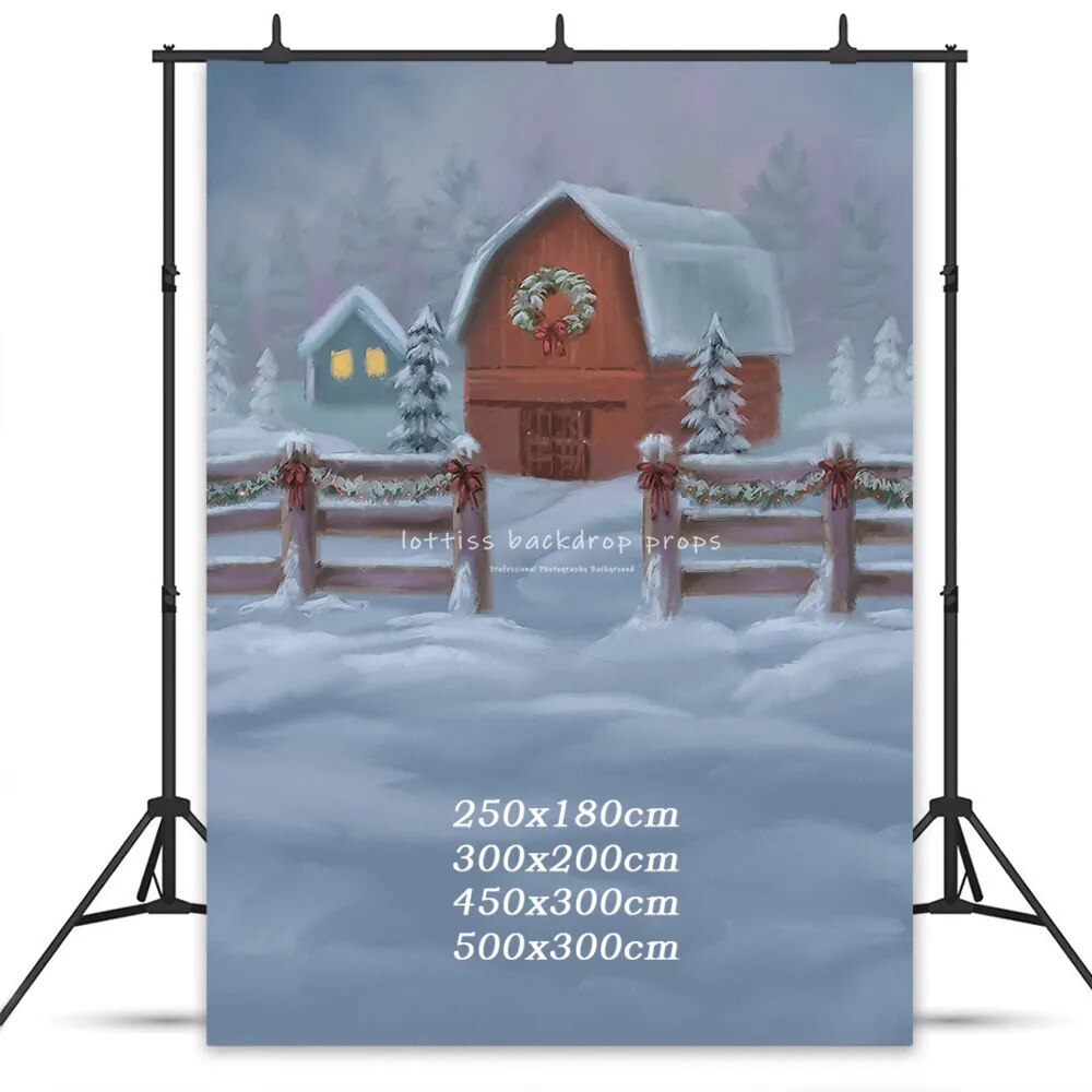 Arrière-plan de ferme de vacances d'hiver, accessoires de photographie pour enfants et adultes, pour séance photo de bébé, arrière-plan avant de maison enneigée de noël 