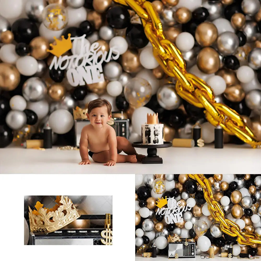 The Notorious One Photo Backdrop Kids Baby Cake Smash Photography Props Balloons Gold Chain Child Adult Birthday Backgrounds