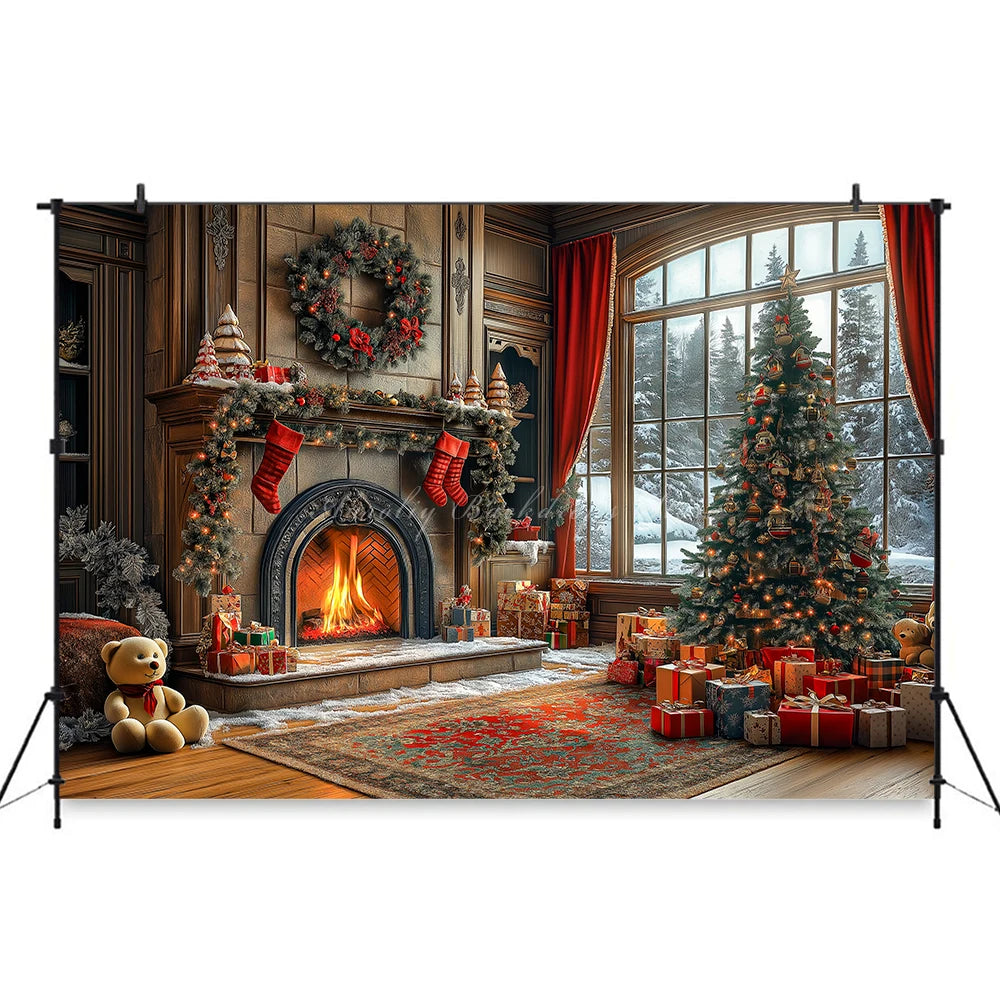 Elegant Christmas Fireplace Scene With Toy Bear Backdrop Kids Baby Cake Smash Photography Props Studio Backgrounds