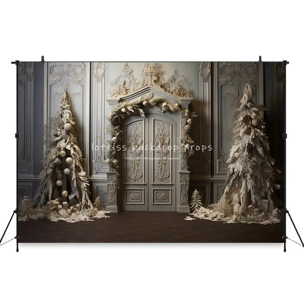 Arrière-plan de porte en bois de noël, porte rétro, accessoires de photographie pour enfants et adultes, décors de séance photo, arbres de noël, arrière-plan de château 