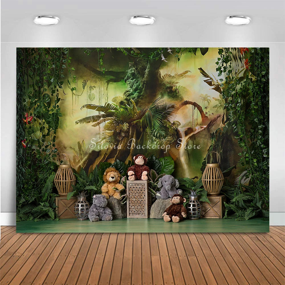 Mystic Jungle Animals Photo Background Birthday Cake Smash Photography Backdrop Cloth Kids Portrait Photo Studio Props