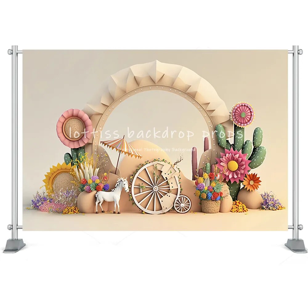 Toile de fond pour photographie thème Fiesta du mexique, peinture 3D, Cactus du désert d'été, décor de fête d'anniversaire pour enfants, Festival, garçon