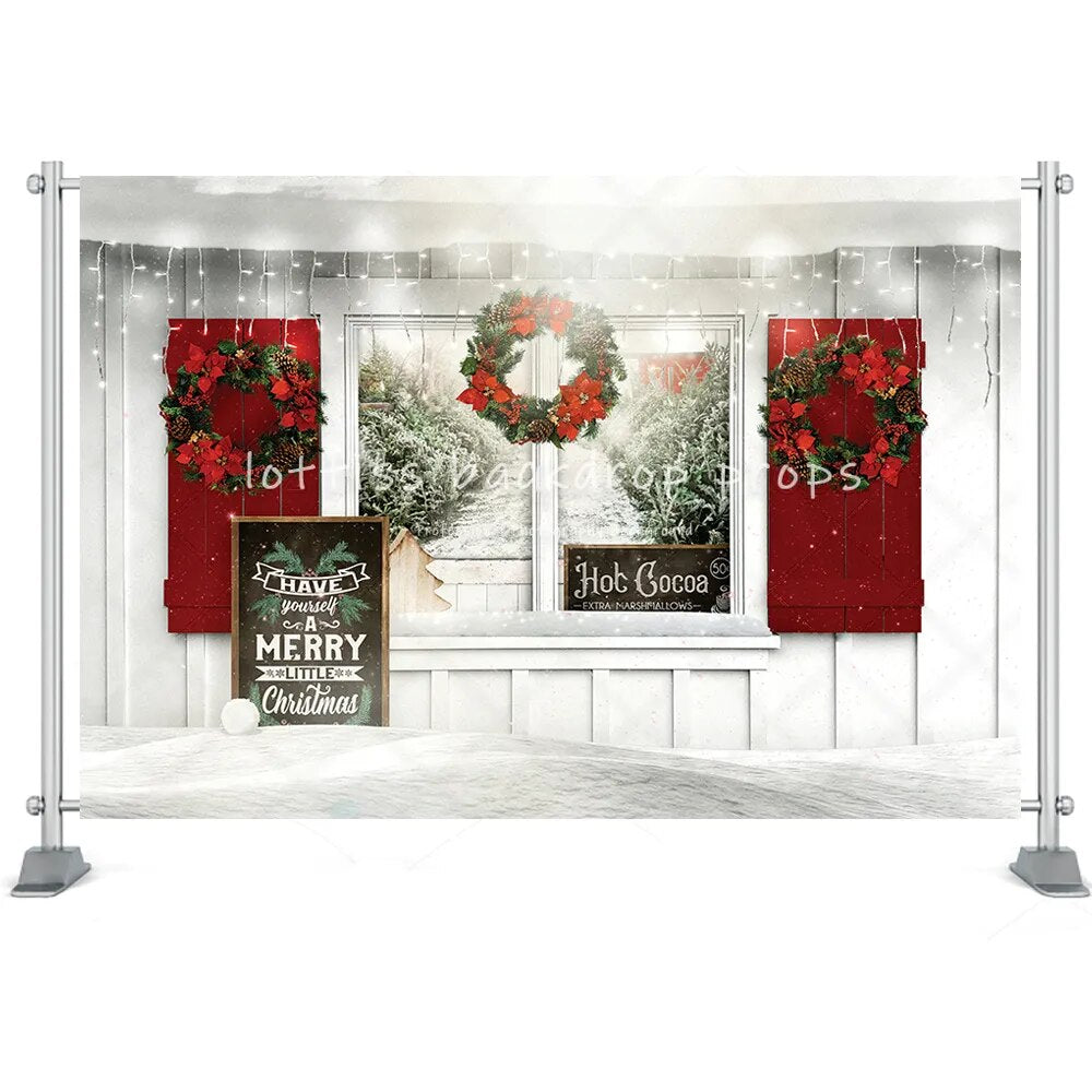 Christmas Winter Street House Photography Backdrop Toy Tree Cart Wreath Kids Birthday Portrait Background Photo Studio