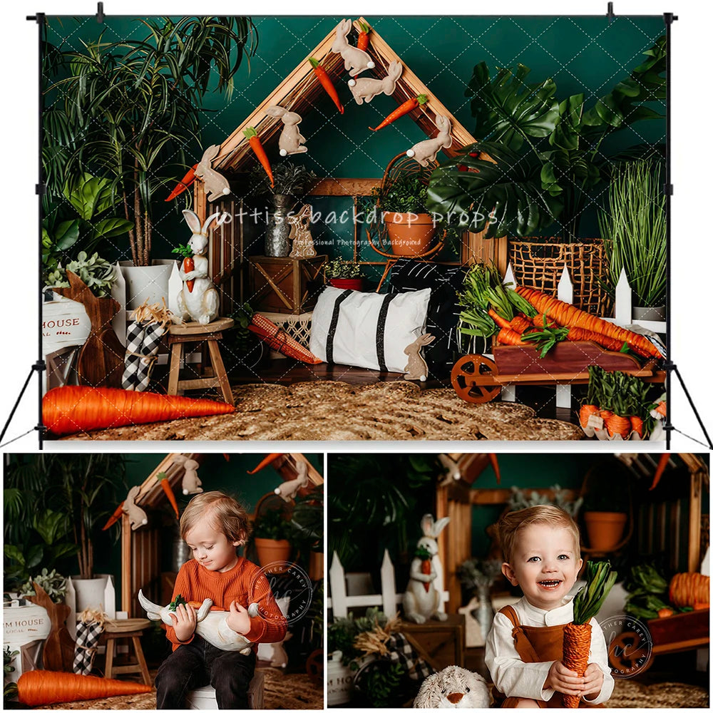 Emerald Bunnies Carrots Easter Backdrops Kids Baby Photography Child Cake Smash Birthday Photocall Jungle Backgrounds