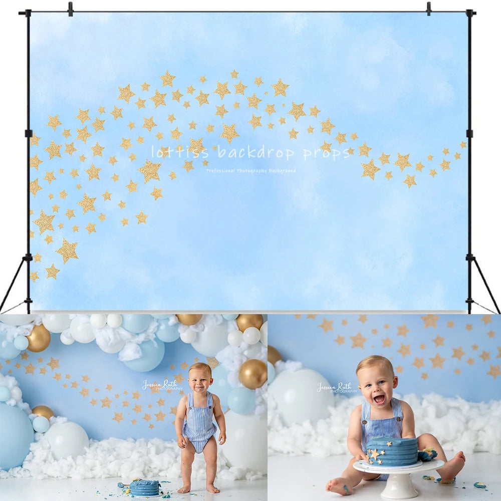 Skyblue Golden Balloons Photography Backdrops Child Boy Birthday Cake Smash Photocall Clouds Decors Backgrounds