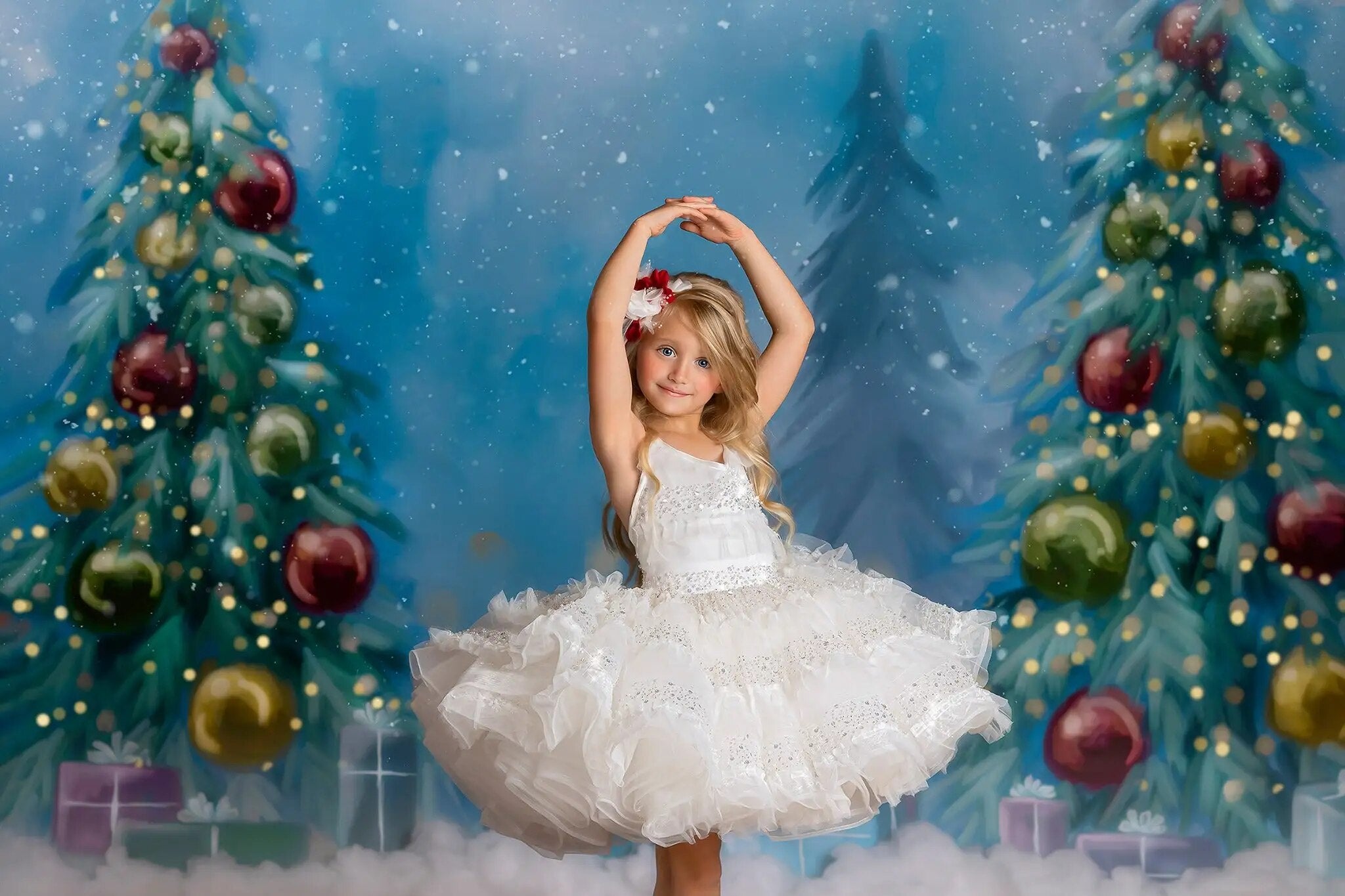 Arrière-plan d'arbres de noël enneigés, accessoires de Portrait pour enfants et adultes, flocon de neige d'hiver, arrière-plan de forêt de neige pour studio photo de famille de bébés 