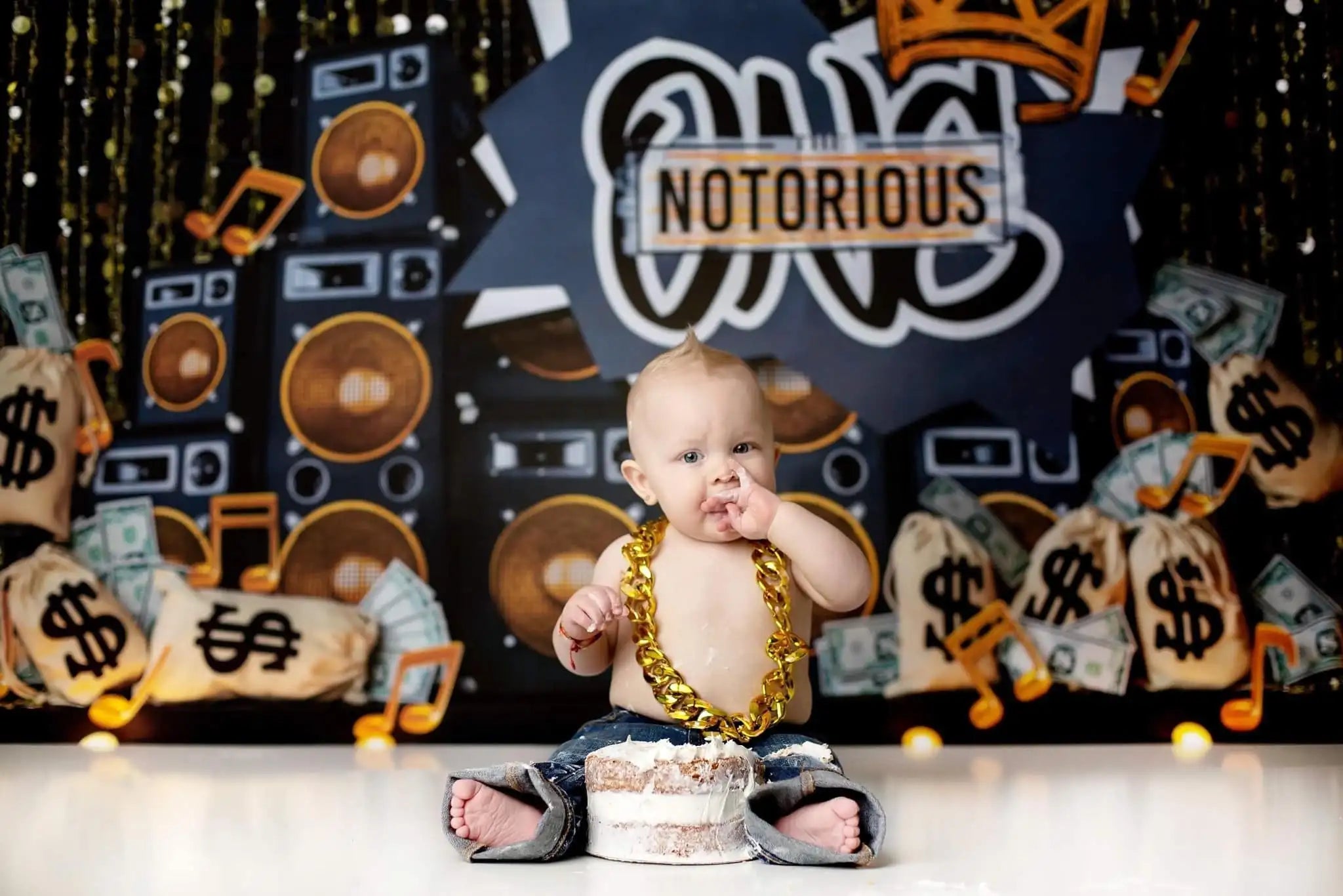 Notorious One Photography Backdrop Kids Baby Cake Smash Photocall Decors Gold Coins Child 1st Birthday Party Backgrounds