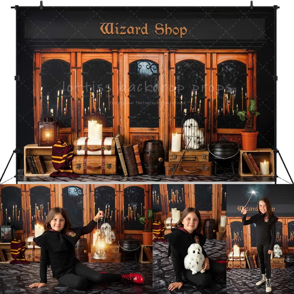 Wizard Shop Backdrops Kids Cake Smash Birthday Props Baby Shower Witch Street Child Magic School Owl Background For Photostudio