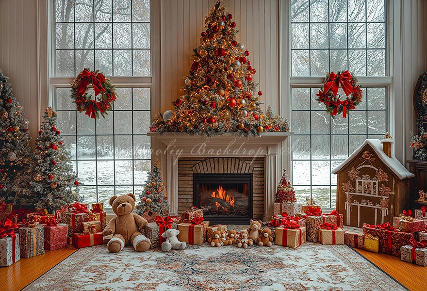 Beautifully Decorated Christmas Tree With Windows Fireplace Toy Bear Kids Baby Cake Smash Photography Props Studio Backgrounds