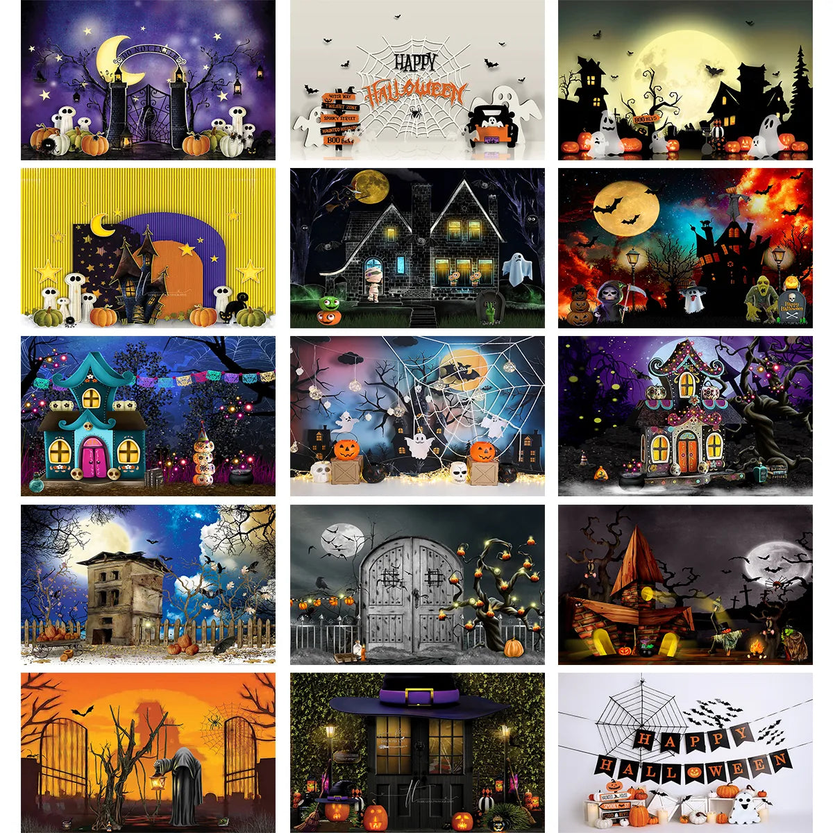 Arrière-plan de maison d'halloween, château, forêt, lune, pierre tombale, décor de Festival, lanterne de citrouille, accessoires de Studio Photo