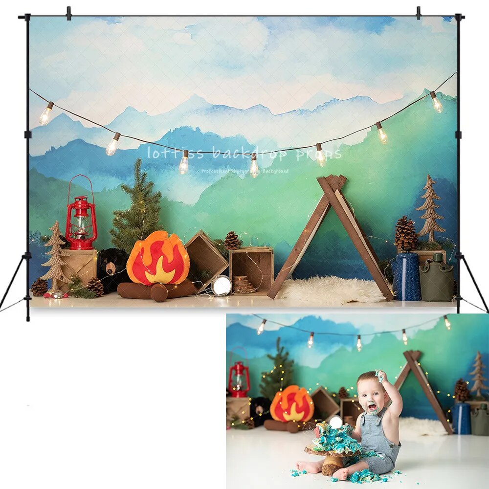 Camping Backdrops Kids Baby Photography Birthday Cake Smash Props Child Adult Photocall Decors Travel Forest Background