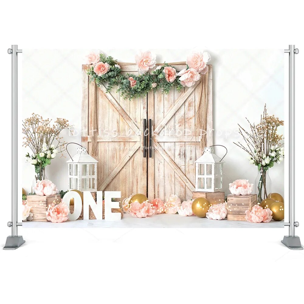 Spring Garden Barn Door Photography Backdrop Bunny Flowers Wooden Window Greenery Decorations Fireplace Easter Backgrounds Props