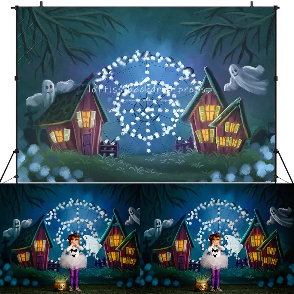 Décor d'Halloween maison fantôme enfants photographie enfant bébé gâteau Smash anniversaire grande roue Festival arrière-plan 