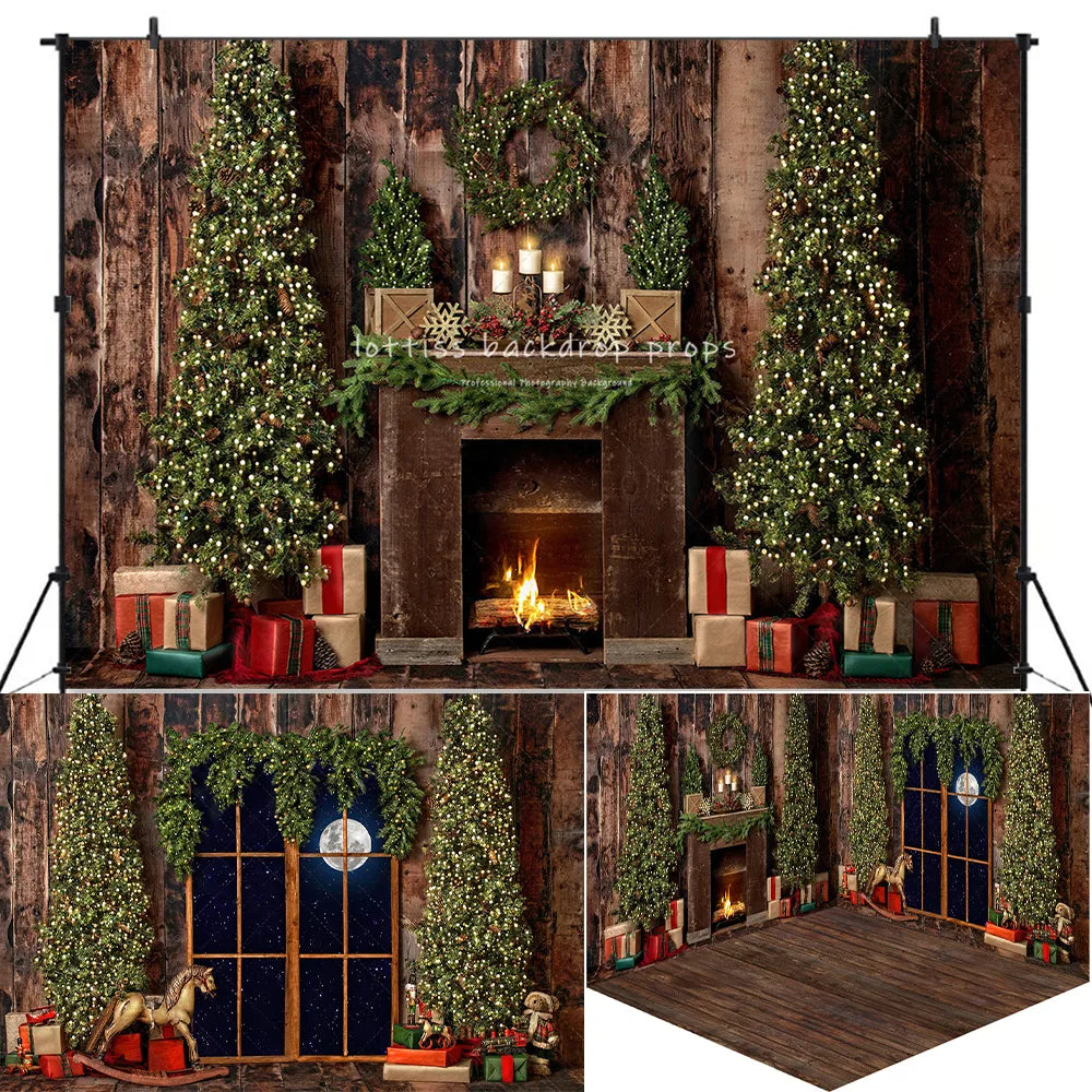 Classic Rustic Window Trees Xmas Backdrops Kids Family Photography Baby Adult Photocall Winter Christmas Fireplace Background