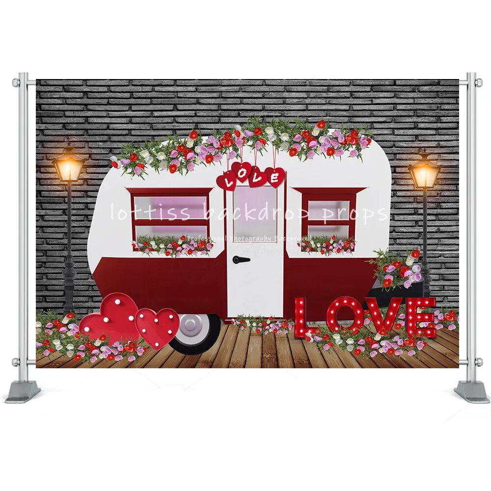 Valentine's Day Backdrop Brick Wall Wood Door Red Rose Heart Flower Shop Brick Wall Photo Background Studio Photoshoot Props