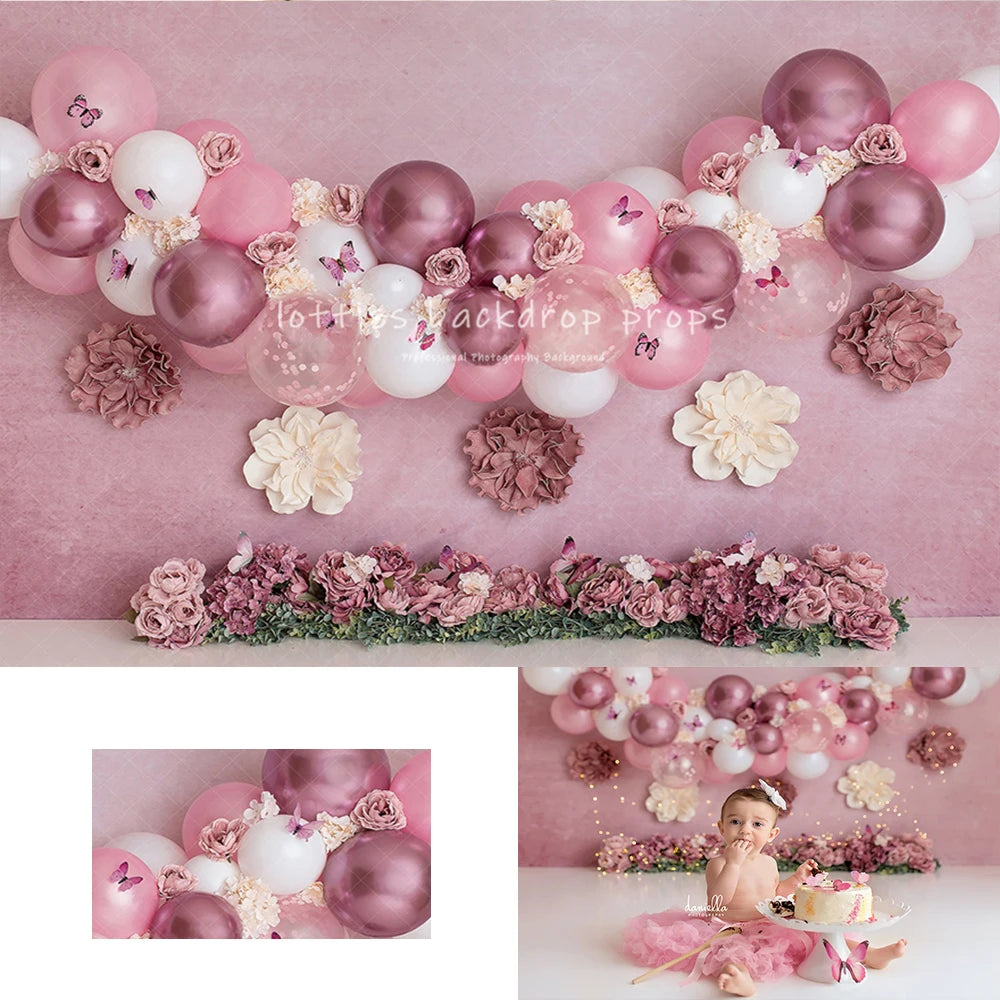 Spring Pretty Pink Butterfly Garden Backdrops Kids Baby Photography Child Adult Photocall  Balloons Cake Smash Floral Background