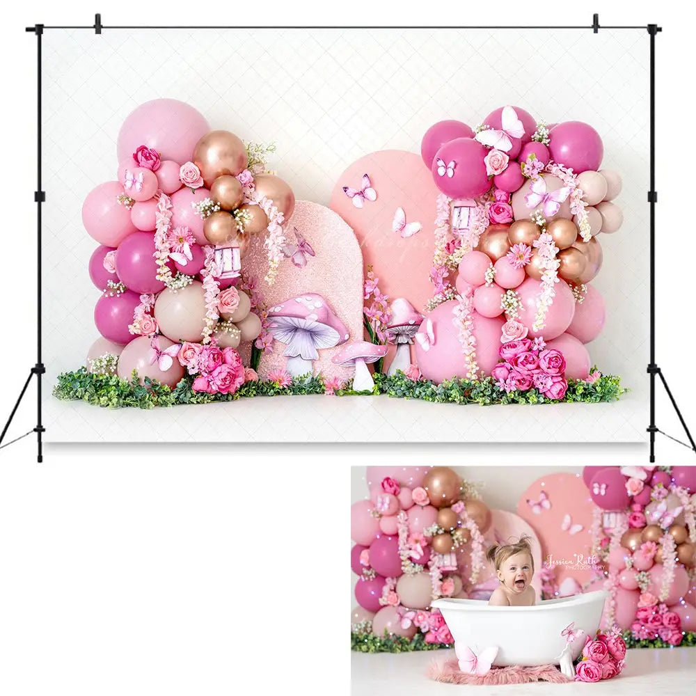 Pink Fairy Balloons Photography Backdrop Butterfly Mushroom Kids Baby Cake Smash Photocall Decors Child Adult Studio Backgrounds