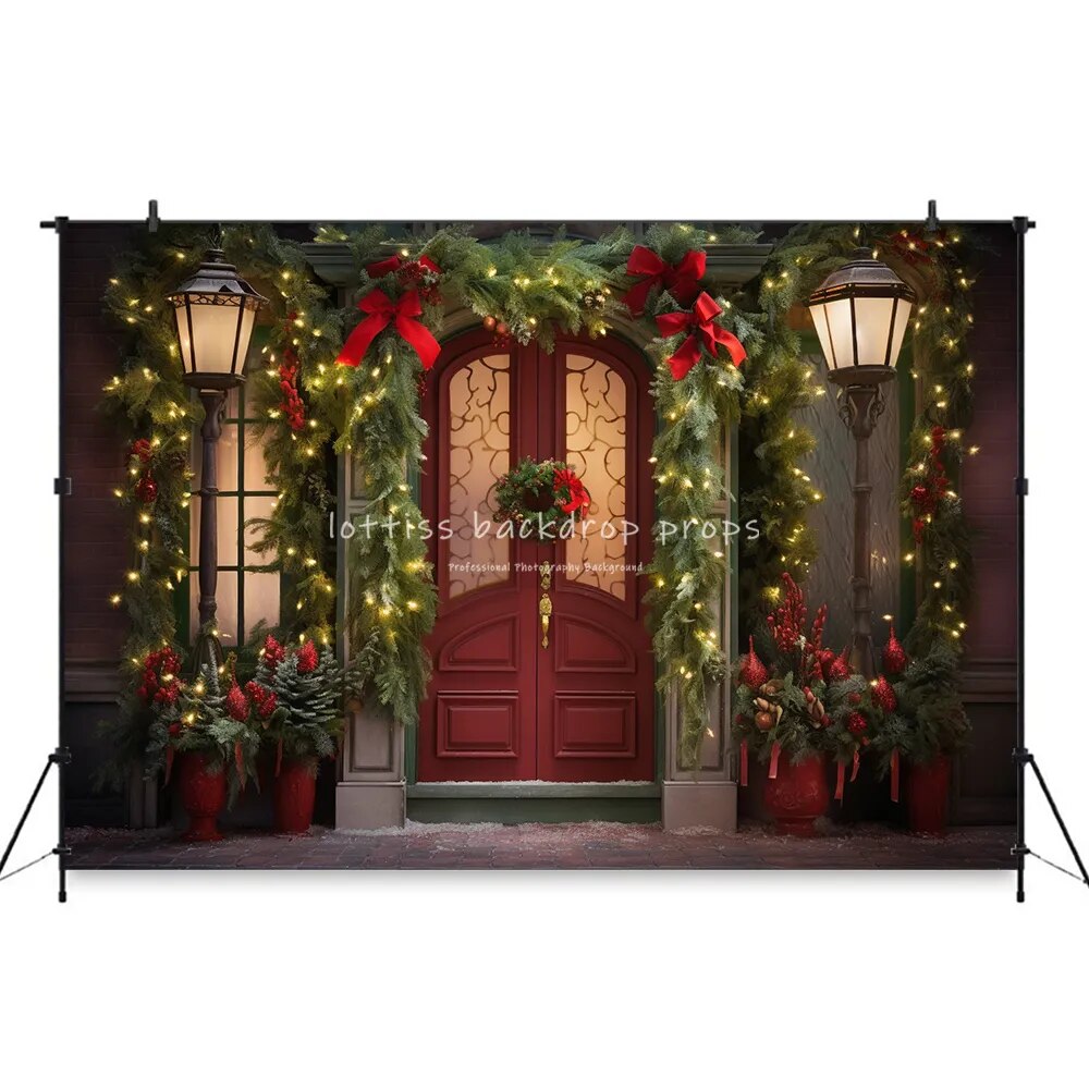 Christmas House Front Door Backdrops Kids Adult Photography Props Child Baby Photocall Decors Wooden Door Snowy Xmas Background