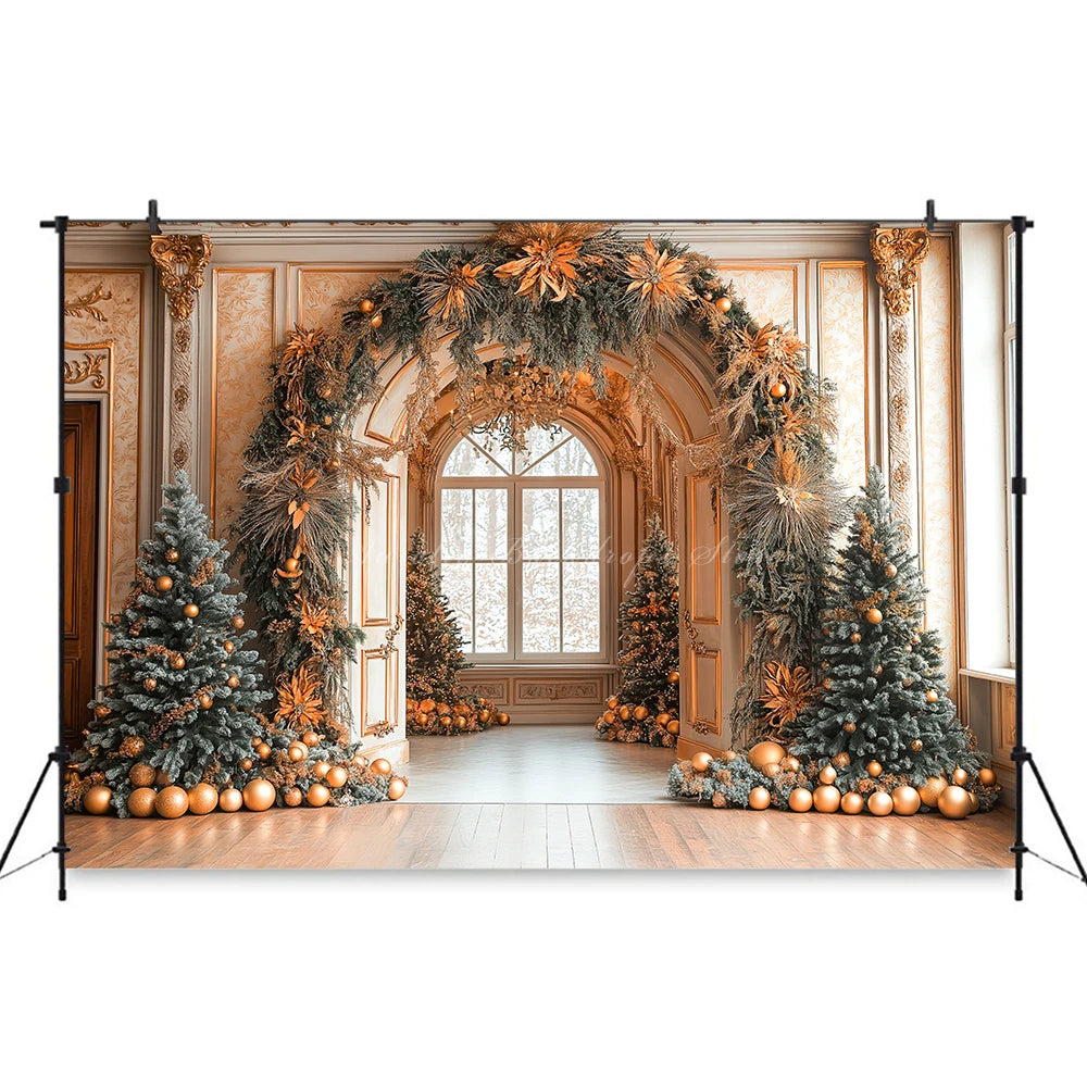 Christmas Arched Window with Xmas Tree Backdrop White Room Fireplace Baby Kids Portrait Family Party Photocall Photograhy Decors