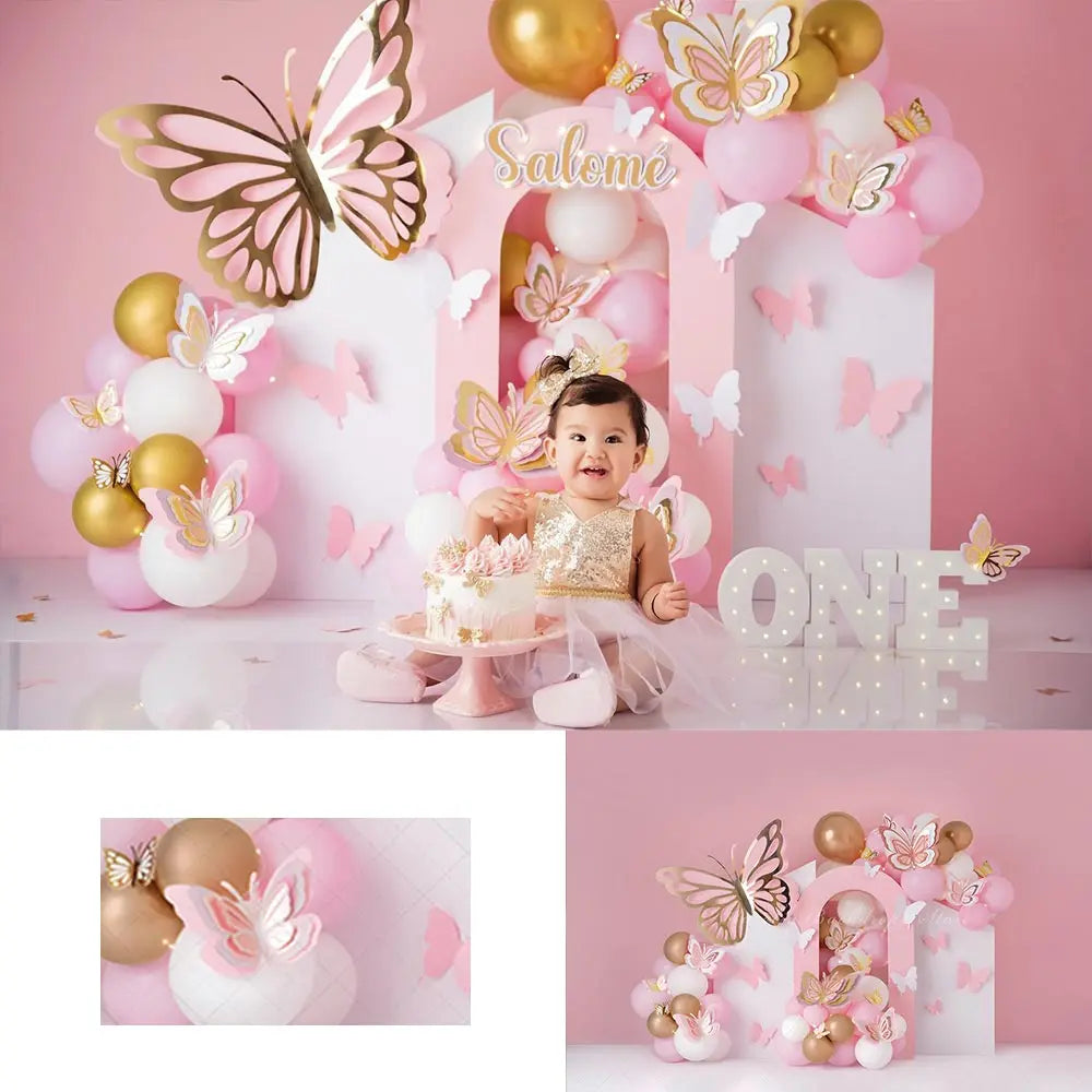 Prettiest Golden Butterflies Backdrop Kids Baby Cake Smash Photography Props Balloons Arch Child Girls Adult Studio Backgrounds