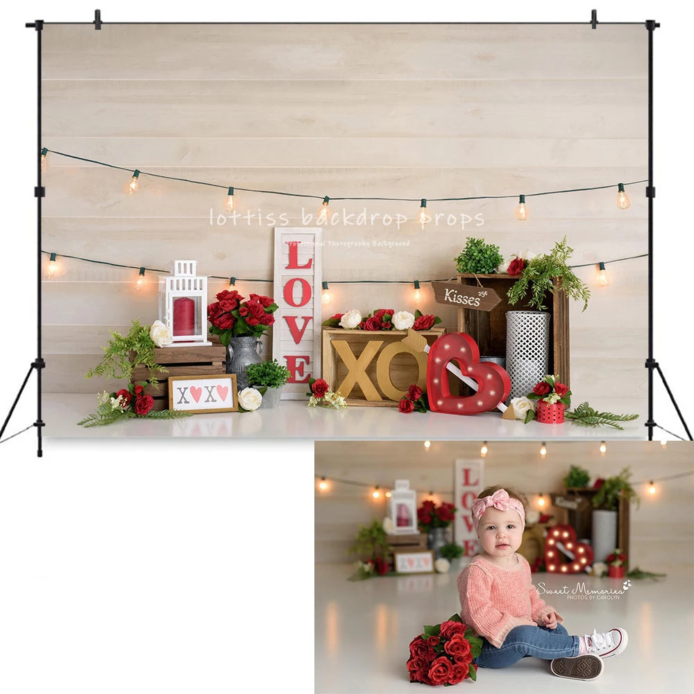 Hugs Kisses Valentine's Day Photography Props Child Baby Photocall Decors Kids Adult Photocall  Rose Wall Backgrounds