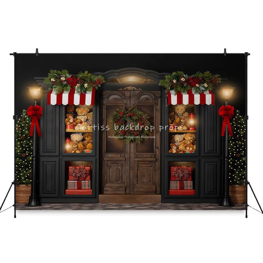 Vintage Christmas Storefronts Backdrop Kids Adult Photography Child Baby Birthday Cake Smash Props Snowy Toy Street Background