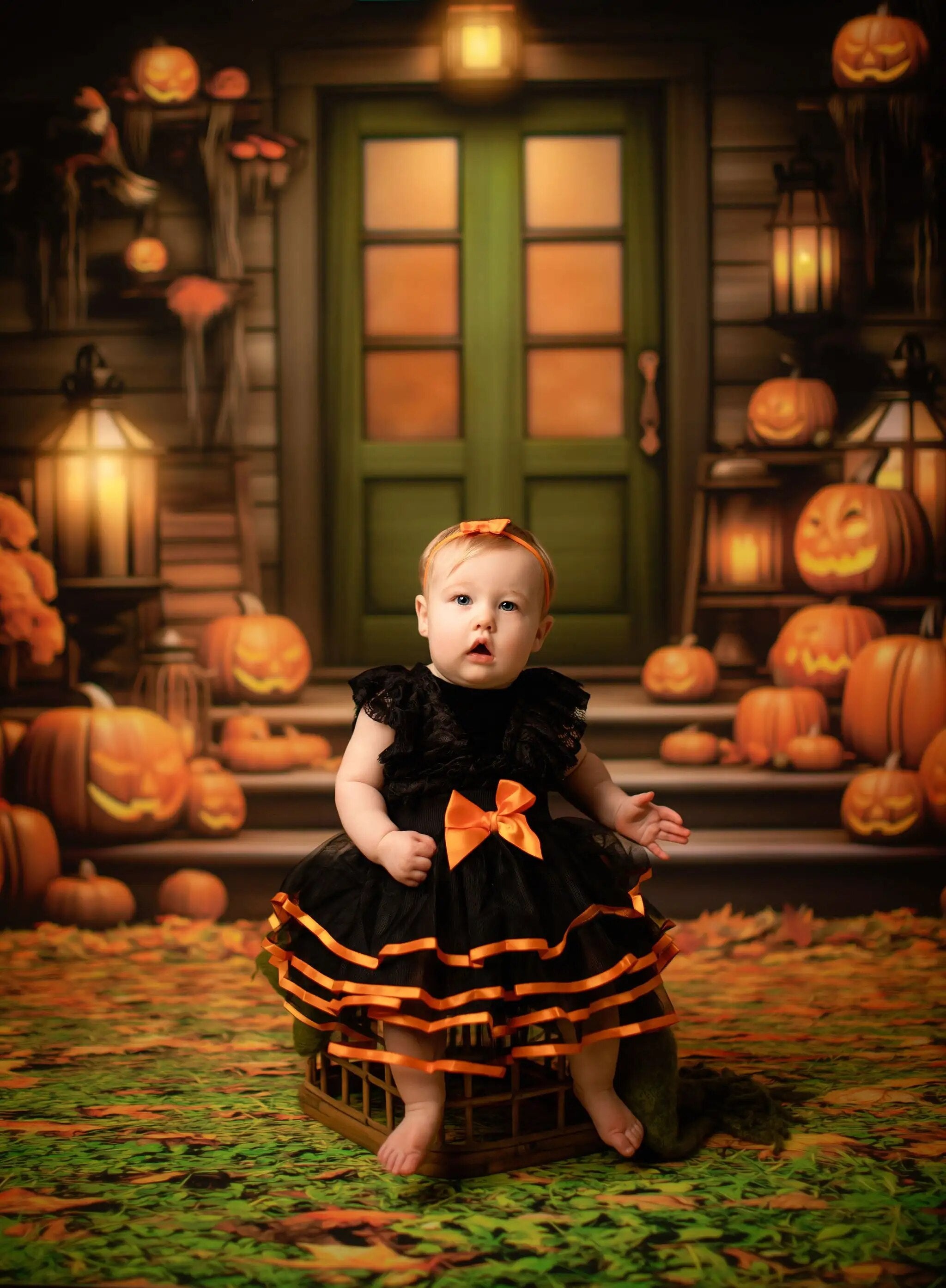 Arrière-plan de porte verte de porche de citrouille, arrière-plan de photographie d'enfants et d'adultes, accessoires de séance photo pour enfants et bébés, arrière-plan avant de maison d'automne 