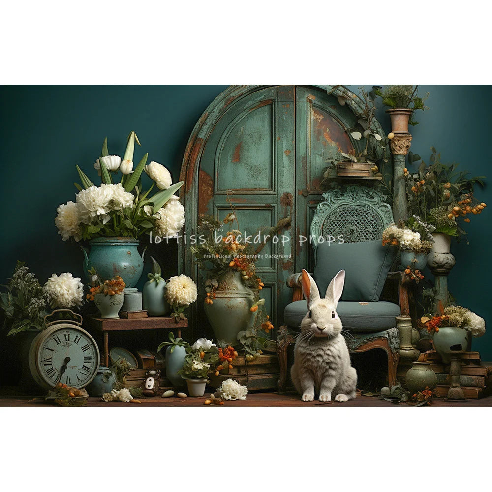 Easter Rustic Wooden Door With Bunnies Eggs And Flowers Backdrops Kids Baby Photography Child Adult Photocall Spring Backgrounds