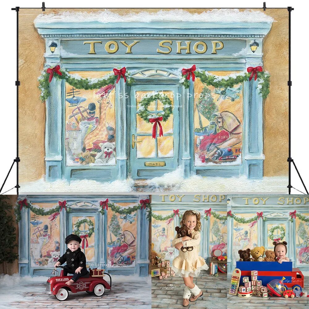 Arrière-plan de boutique de jouets de noël, pour enfants, bébés, photographie, adultes, accessoires de séance photo, hiver, noël, rue enneigée 