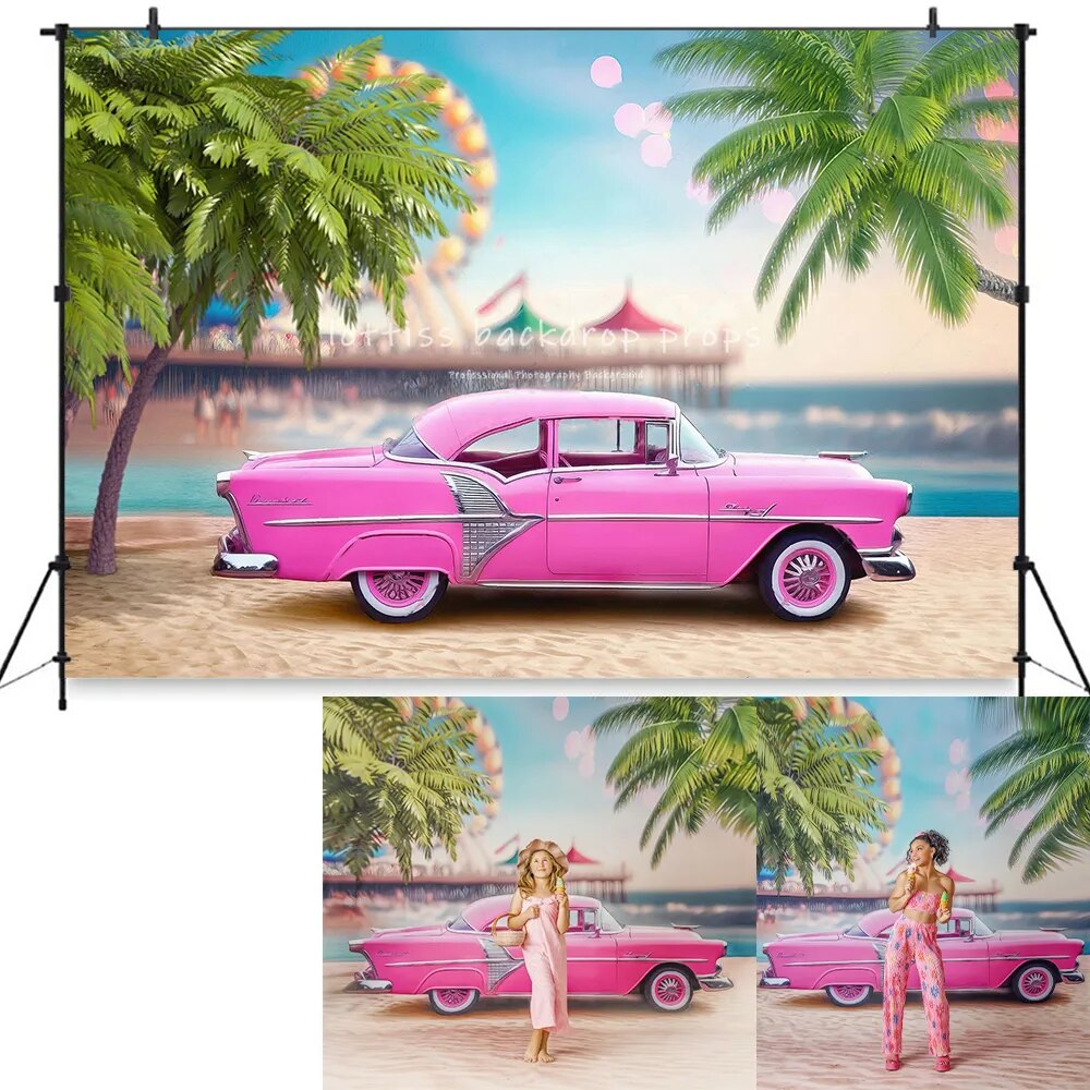 Summer Pink Luxury Car Beach Backdrops Kids Baby Photocall Portrait Photography Child Birthday Plam Trees Seaside Background