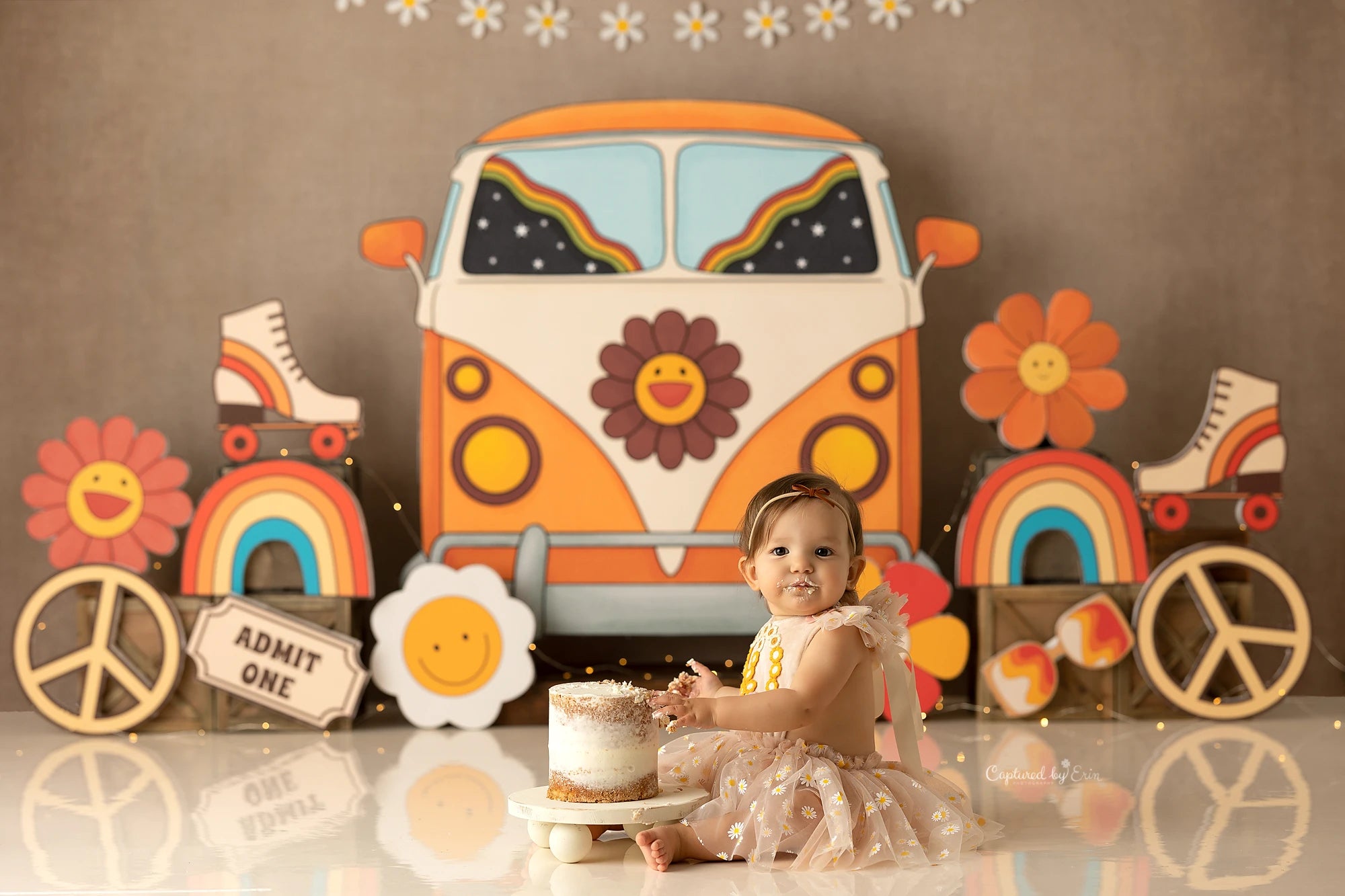 Sunflower Bus Backdrop Child Baby 1st Birthday Photography Props Rainbow Kids Adult Cake Smash Photocall Studio Backgrounds