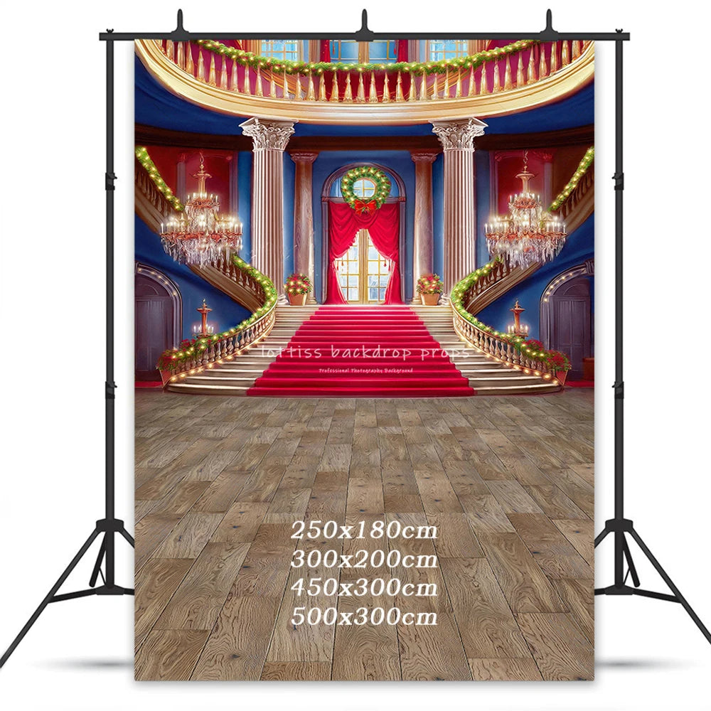 Grand Holiday Staircase Backdrops Kids Baby Photography Props Child Adult Photocall Christmas Castle Red Carpet Background