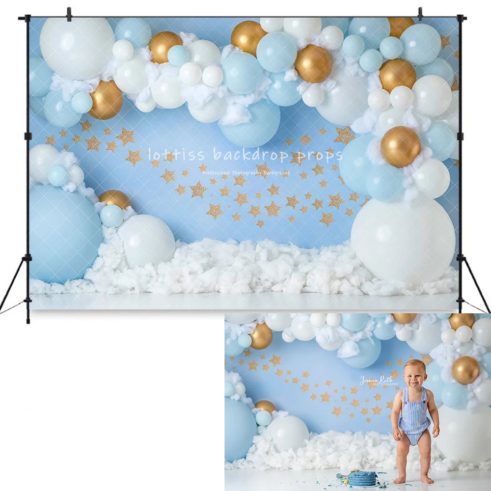 Gold Glitter Blues Cake Smash Backdrops Kids Boy Photocall Decor Child Photography Props Birthday Photo Backgrounds