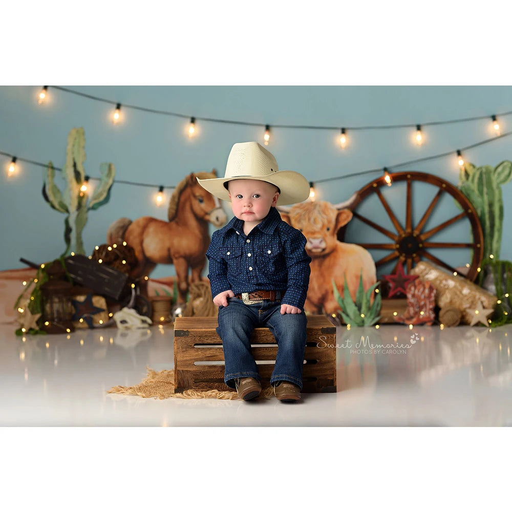 Cute Cowboy Photo Background Farm Children Birthday Cake Smash Photography Backdrop Horse Cactus Decoration Photo Studio Props