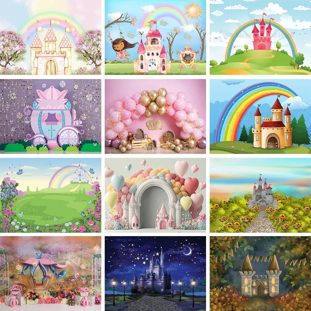 Arrière-plan de château romantique, accessoires de fête d'anniversaire pour enfants, princesse, photographie de bébé, licorne, chariot, gâteau pour fille, arrière-plan Smash 