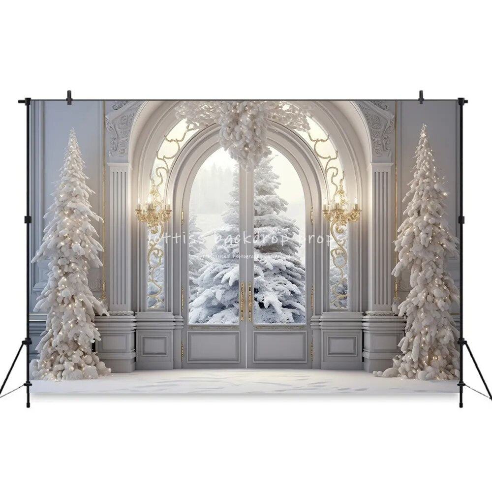 Christmas Living Room Window Backdrops Kids Adult Photorgraphy Props Child Baby Xams Trees White Castle Background