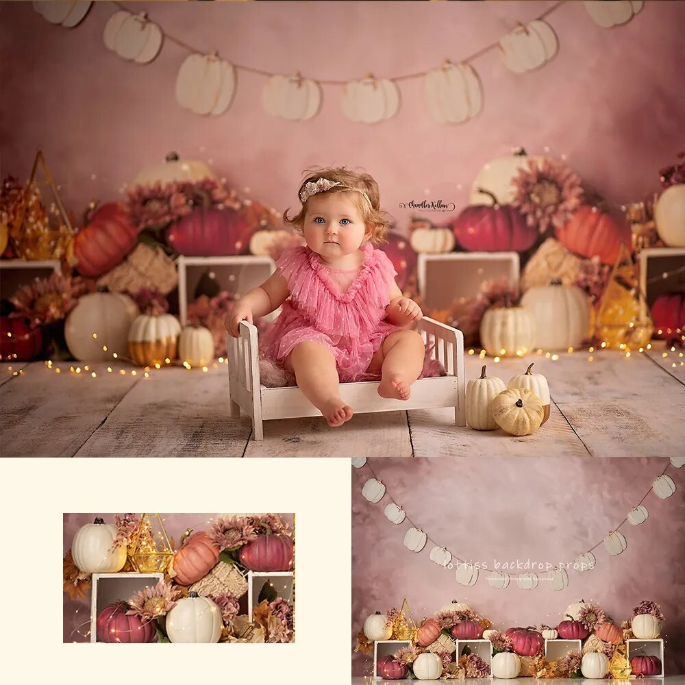 Arrière-plan sur le thème de la citrouille rose, accessoires de gâteau d'anniversaire pour enfants filles, décors pour séance photo pour bébés et enfants, arrière-plan de ferme de récolte d'automne 