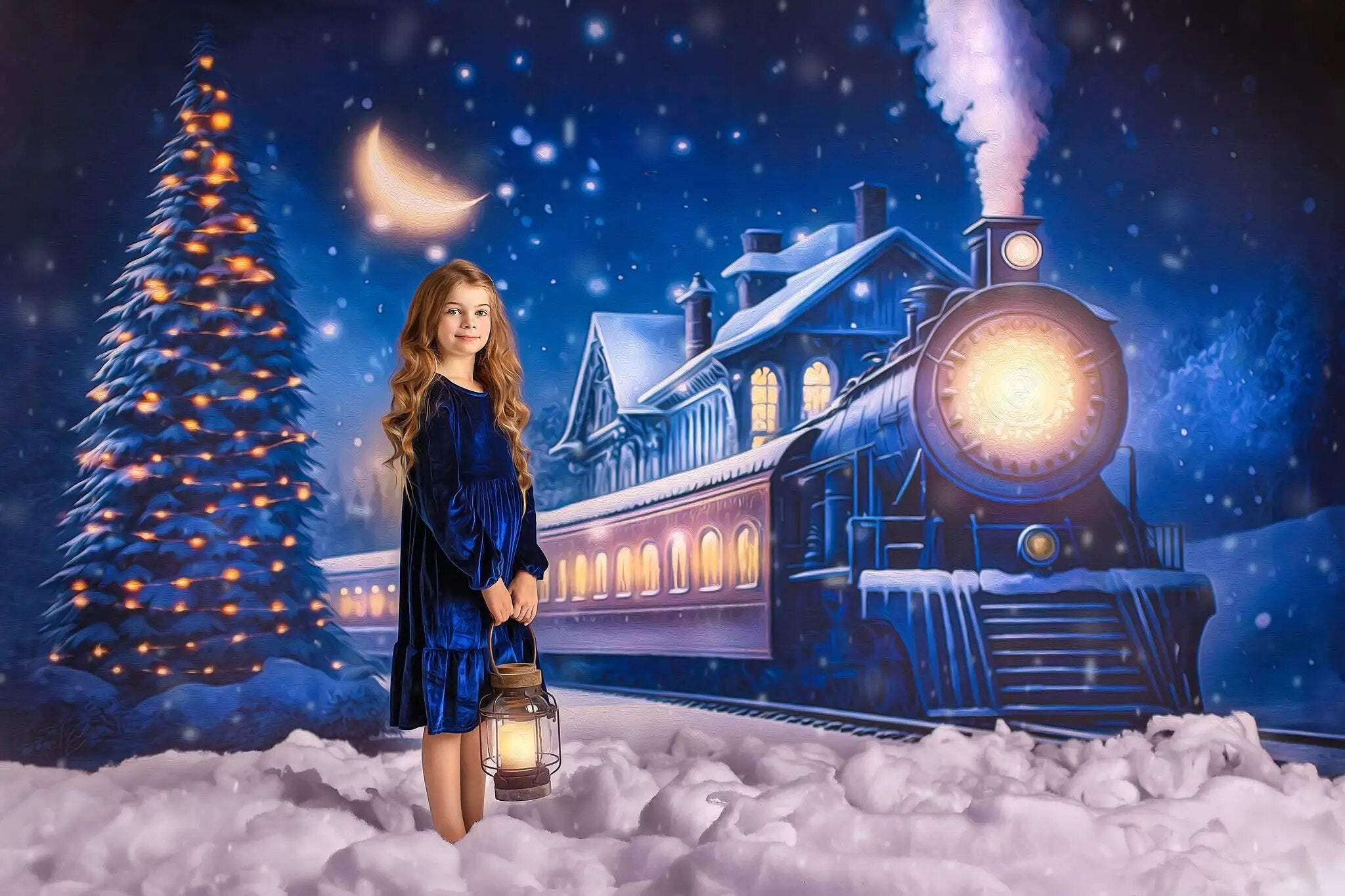 Prendre le Train de minuit arrière-plan enfants photographie noël bébé adulte Photocall enfant enneigé fond de noël 