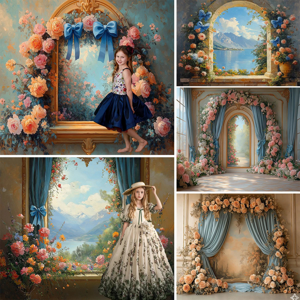 Realistic Oil Painting Of An Arch With Blue Satin Backdrops Kids Adult Photography Child Baby Woman Pregnant Backgrounds