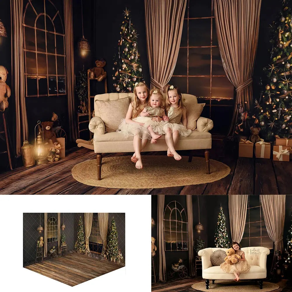 Christmas Golden Holiday Backdrop Metal Framed Windows Baby Kids Portrait Family Party Photocall Photograhy Background