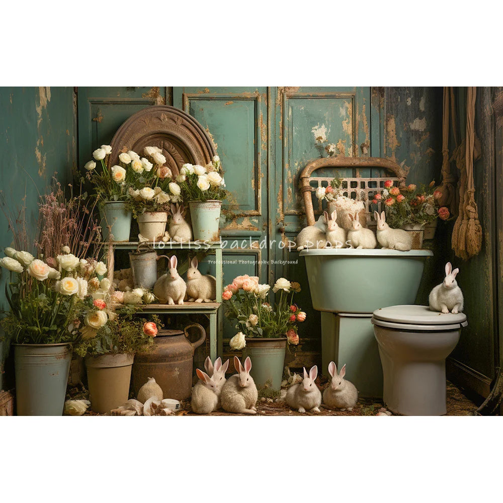 Easter Floral Bathroom With Bunny Backdrops Kids Baby Photography Child Adult Photocall Garden Flower Retro Wall Backgrounds