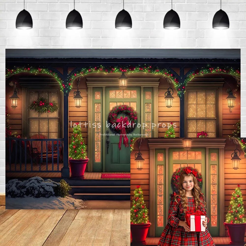 Christmas House Photography Backdrops Children Family Photocall Baby Girl Xmas Wooden Door Festival Background