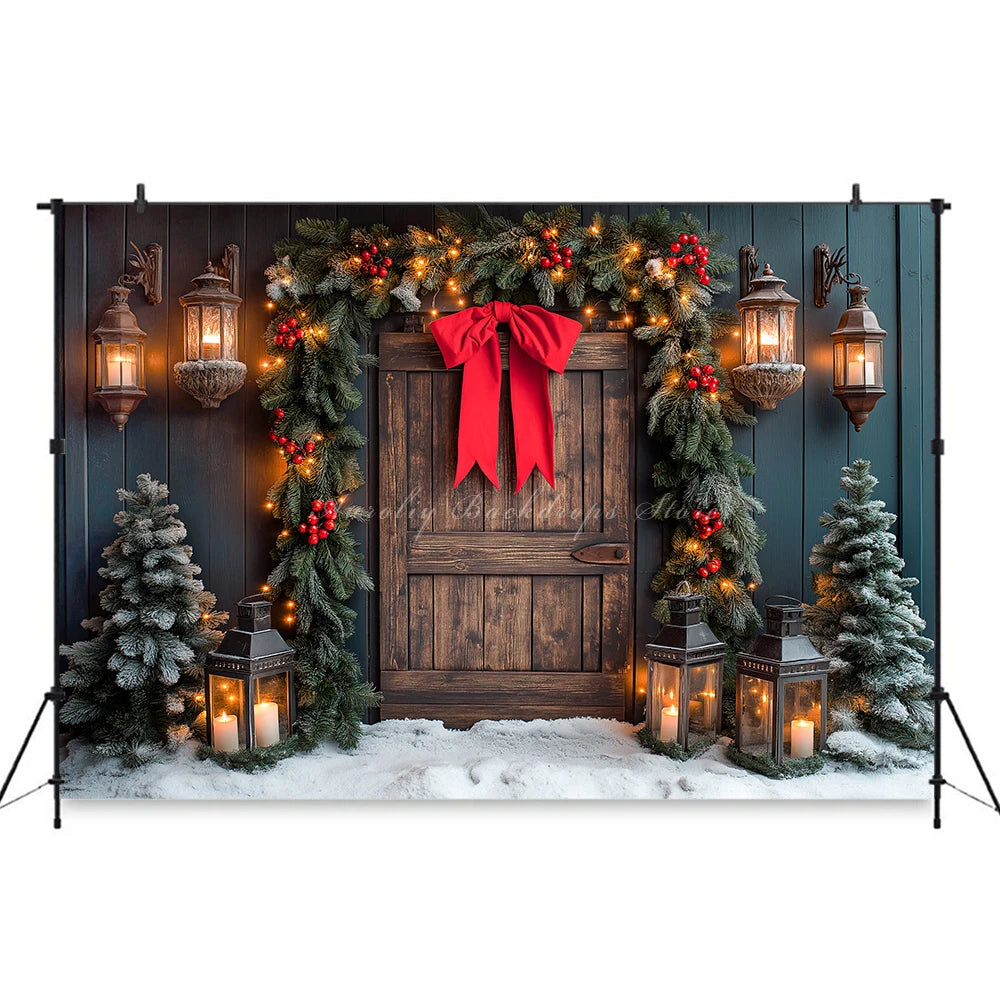 Christmas Red Door With Wreaths And Garlands Photography Backdrop Baby Kids Portrait Family Party Photocall Studio Backgrounds