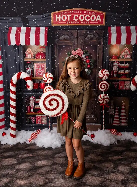 Christmas Hot Cocoa Shop Backdrops Kids Baby Photography Child Adult Winter Xmas Photocall Snowflake Street Background