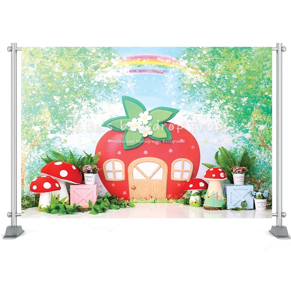 Arrière-plan de photographie de fruits aux fraises, accessoires de gâteau pour enfants, marché Floral, arrière-plan de fête d'anniversaire pour nouveau-né et bébé 